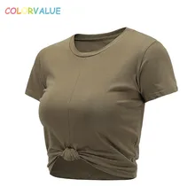 Colorvalue Summer Slim Fit O-neck Sport T-shirts Women Kink Design Fitness Workout Crop Top Leisure Cotton Short Sleeve Shirts