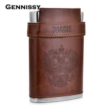GENNISSY 8 oz Cadera del Acero Inoxidable Frascos Con Tapas Emblema Impreso Cubierta de Cuero de Rusia Flagon Frasco De Alcohol
