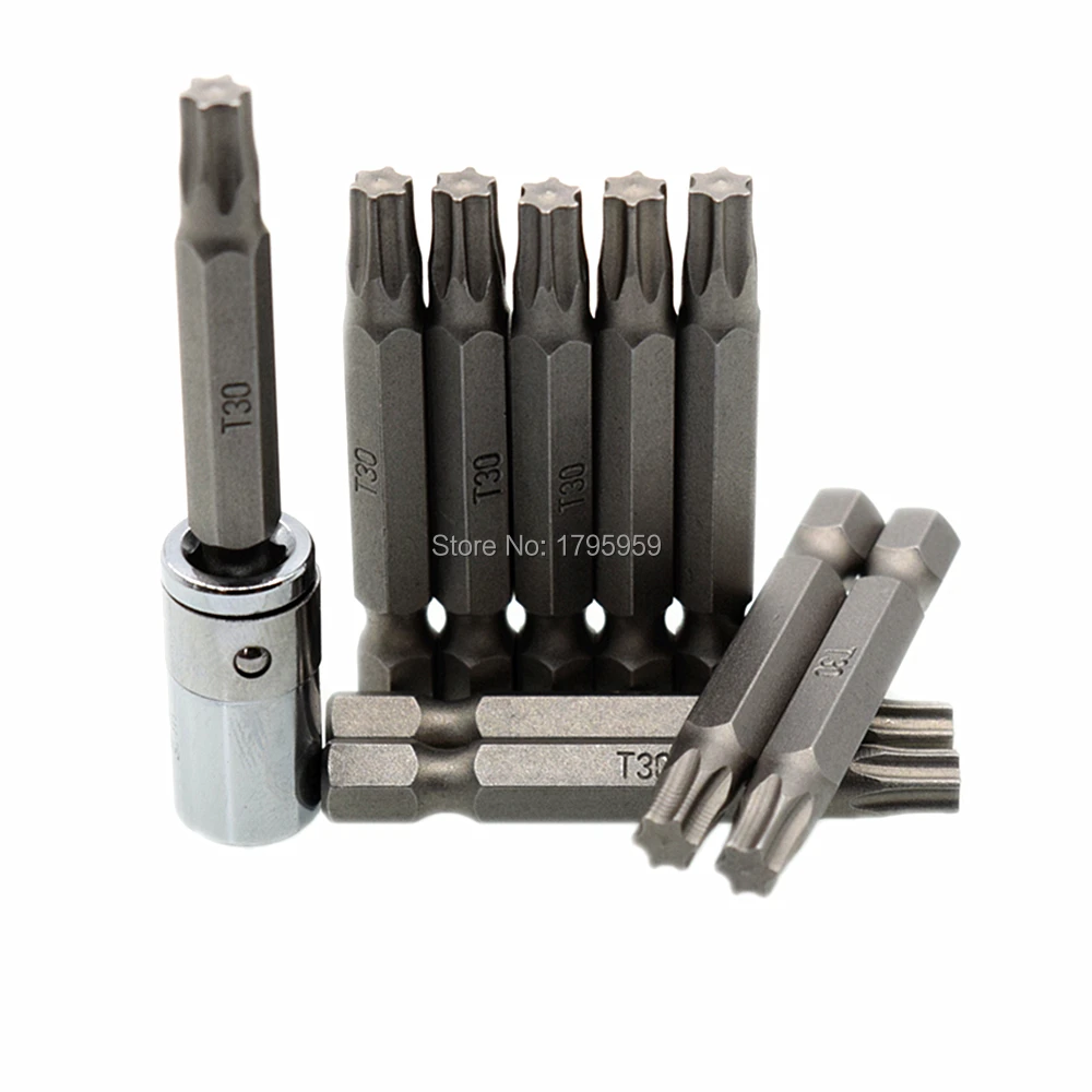 10pcs T30 Torx Screwdriver Bits 50mm Star Head Screw Driver Set with 1/4&quot Square Drive to Hex Shank Socket Bit Converter | Инструменты