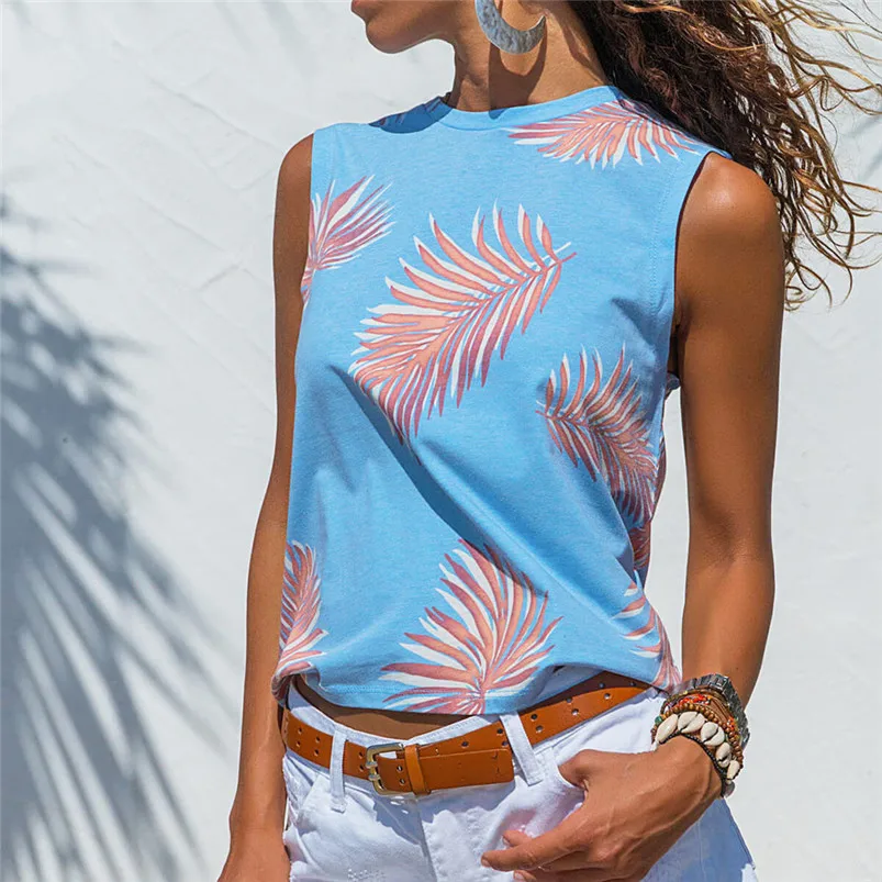 

Women's Printing Sleeveless O Neck Shirt PrintSleeve Top Shirt Blouse summer tops women blouses roupa feminina F20