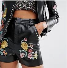 Nueva Moda Otoño Negro Pantalones Cortos De Cuero Sexy Bordado Floral Bolsillos Pantalones Cortos de Cintura Alta de Las Mujeres Pantalones Cortos Mujer