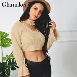 Glamaker выдалбливают кружева с длинным рукавом короткий свитер для женщин оборками шеи укороченный свитер джемпер летний женский вязаный