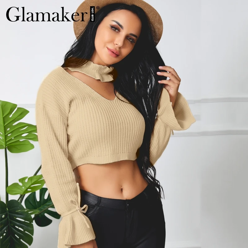 

Glamaker Hollow out lace up long sleeve short sweater Women ruffles neck crop sweater jumper Summer female knit elegant pullover