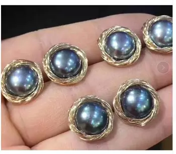 

noble jewelry Handmade 9-10mm natural Freshwater black pearl Stud Earrings 9k gold