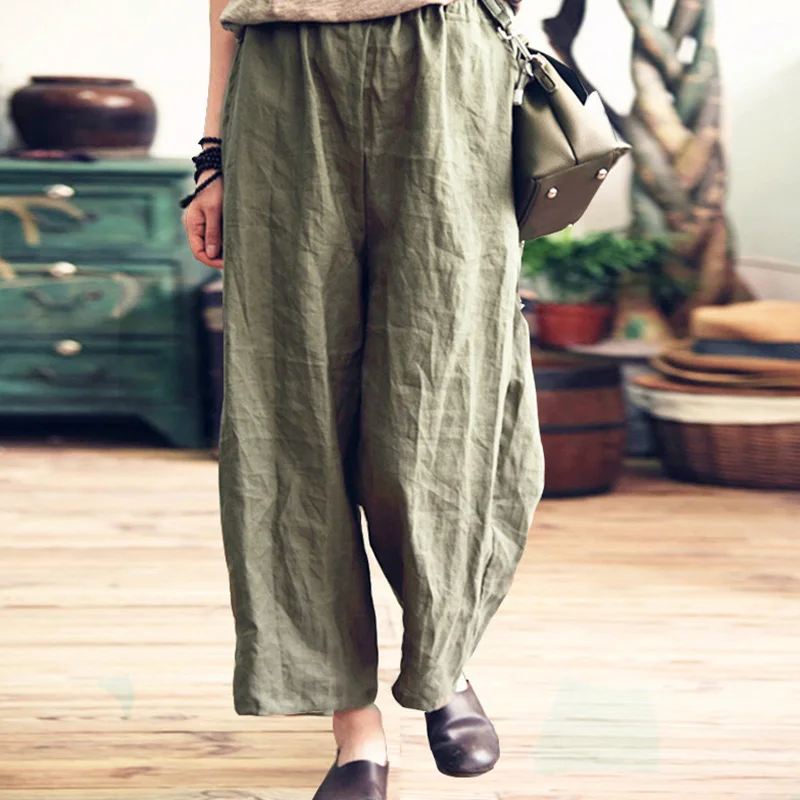 2018 New Women Summer Wide Leg Pants Loose Solid Long Pants Cotton Linen Casual Femme Pants Elastic Mid Waist Straight Trousers