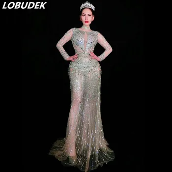 

Flash Silver Rhinestones Sexy Perspective Long Dress Women Prom Party Celebration One Piece Dress Star Singer Fashion Stage Wear