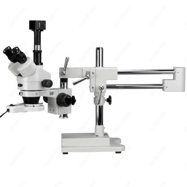 

Simul-Focal Boom Microscope--AmScope Supplies 3.5X-90X Simul-Focal Boom Microscope + Fluorescent Light + 5MP Camera