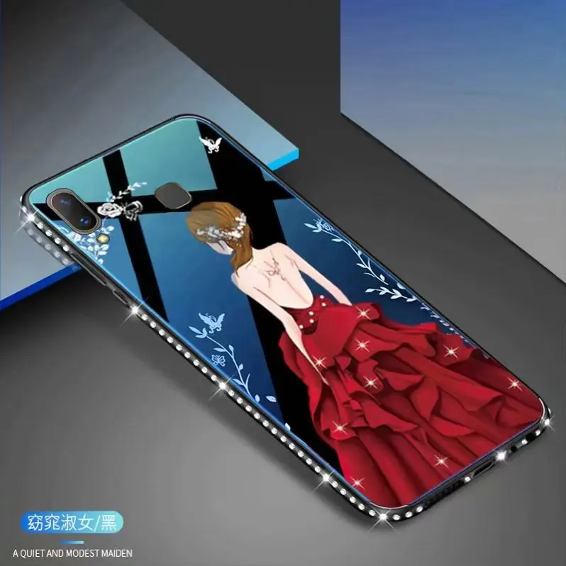 

For Vivo V9 Blue Ray Mirror Glass Tpu Glitter Backless Dress Girl Secret Garden Flower Pattern Back Case for Vivo V 9 Vivo Y85