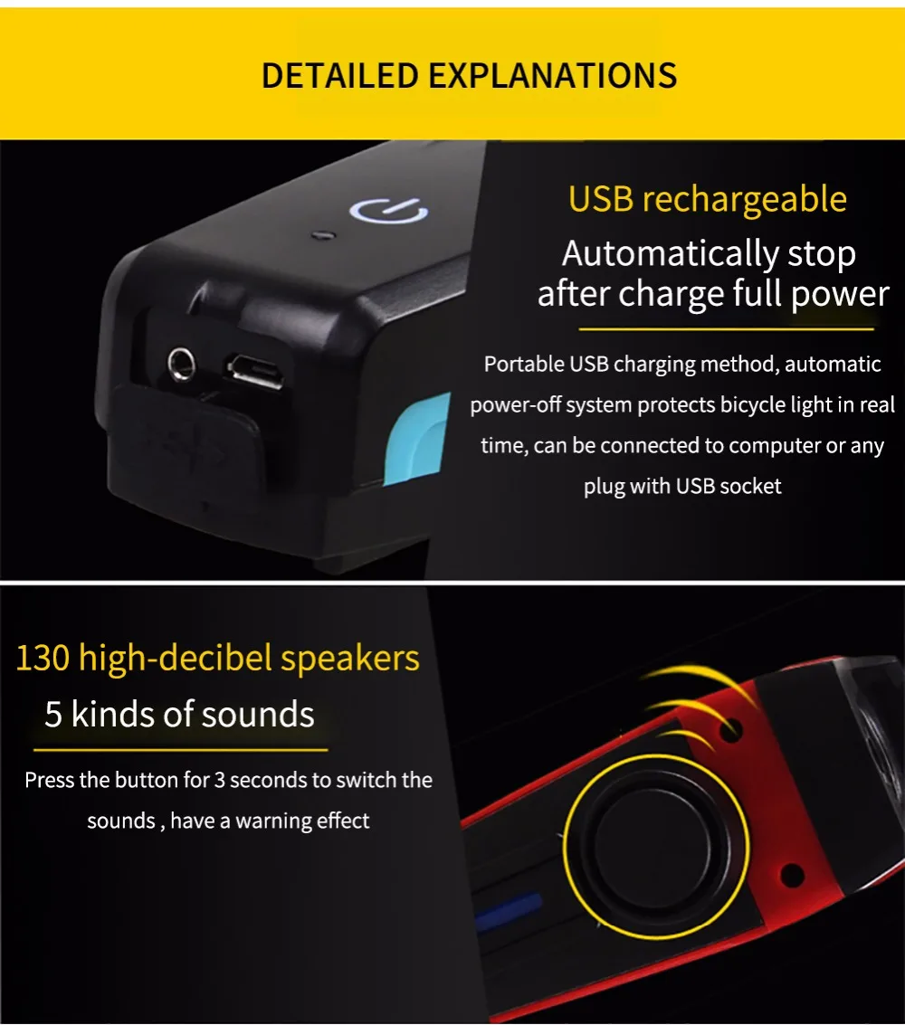 Clearance WEST BIKING Bicycle Front Light USB Lamp Bike 2000mAh 5 Modes Light For Bicycle Headlight Led Rechargeable With 130 db Speaker 11