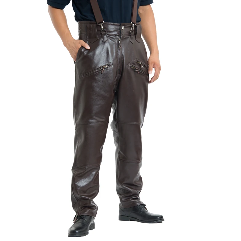 Коричневые мужские Роскошные брюки из воловьей кожи размера плюс, свободные брюки из натуральной кожи, мужские штаны на молнии для езды на мотоцикле, зимние теплые штаны - Цвет: brown