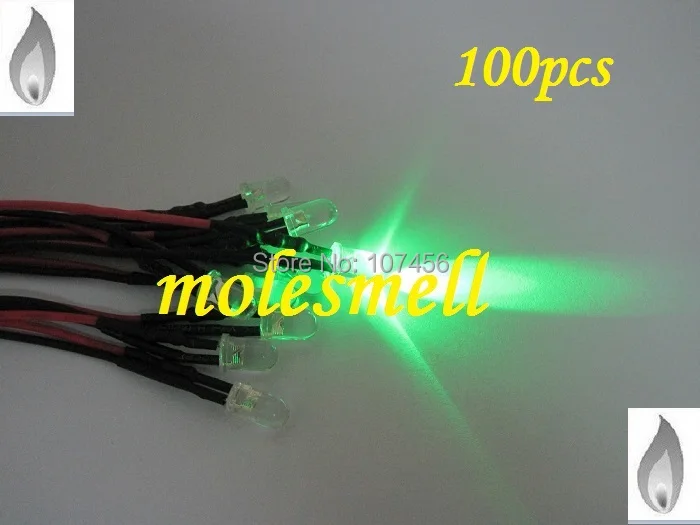 

Free shipping 100pcs 5mm green Flicker 12V Pre-Wired Water Clear LED Leds Candle green Light 20CM