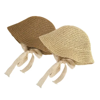 

New Lace Baby Hat Summer Baby Girl Cap Beach Bow Straw Panama Children Hat Princess Baby Hats and Caps for Kids 1PC