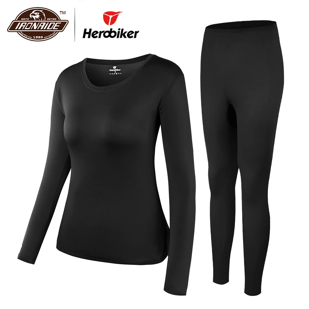 Herobiker النساء صوف مبطن ملابس اخلية حرارية مجموعة الشتاء مطاطا للدراجات النارية التزلج الدافئة طويلة جونز القمصان و قمم أسفل دعوى