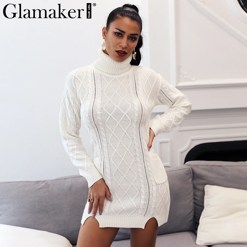 Женский хлопковый свитер Glamaker белый вязаный с высоким воротом и длинным рукавом