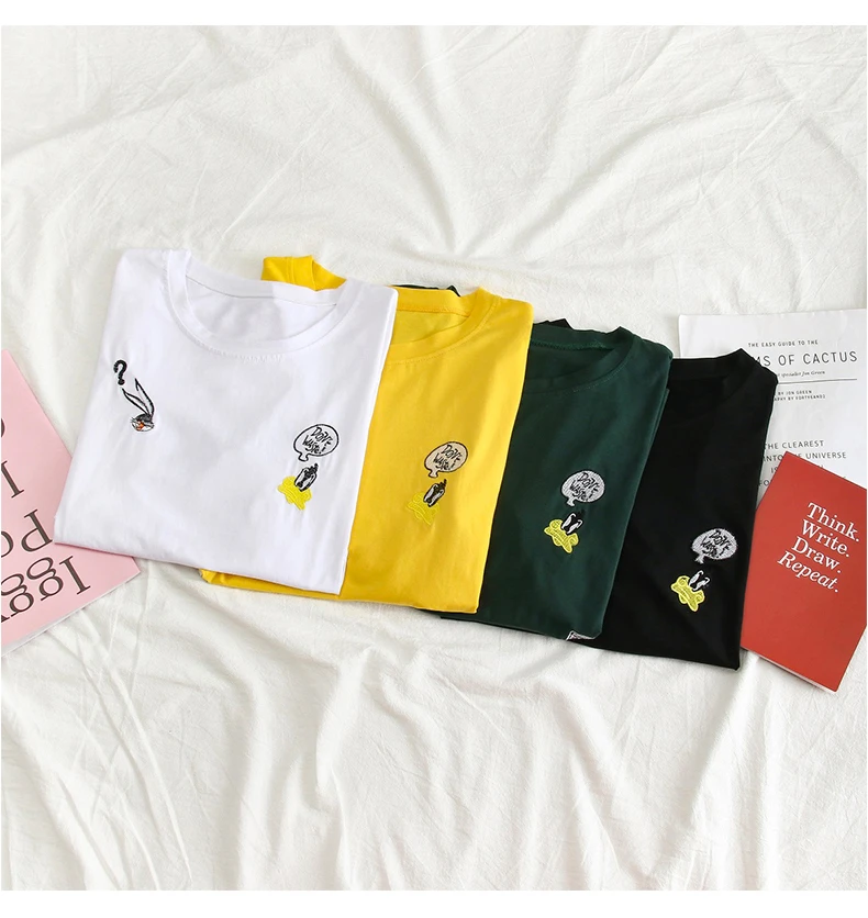 Корейский короткий рукав женская футболка Летняя кавайная мультяшная футболка с вышивкой 90s девушка Харадзюку белые топы Футболка женская s одежда