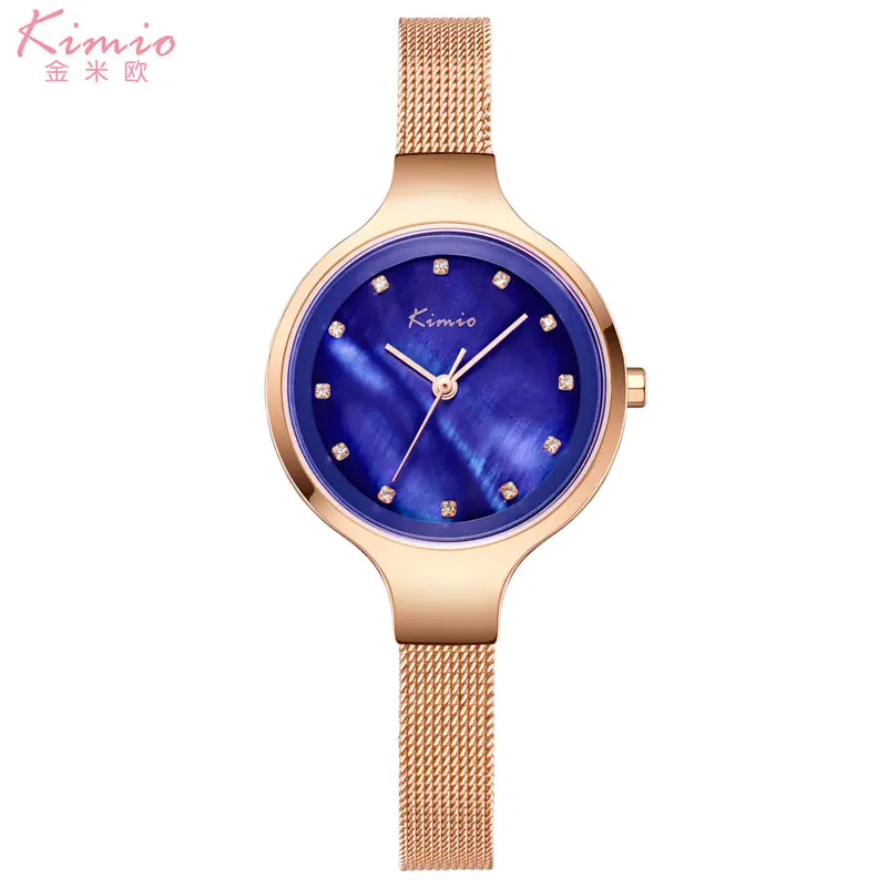 

women watches KIMIO brand luxury dress quartz watch shell dial bracelet wristwatches hot stainless steel mesh band gift clock