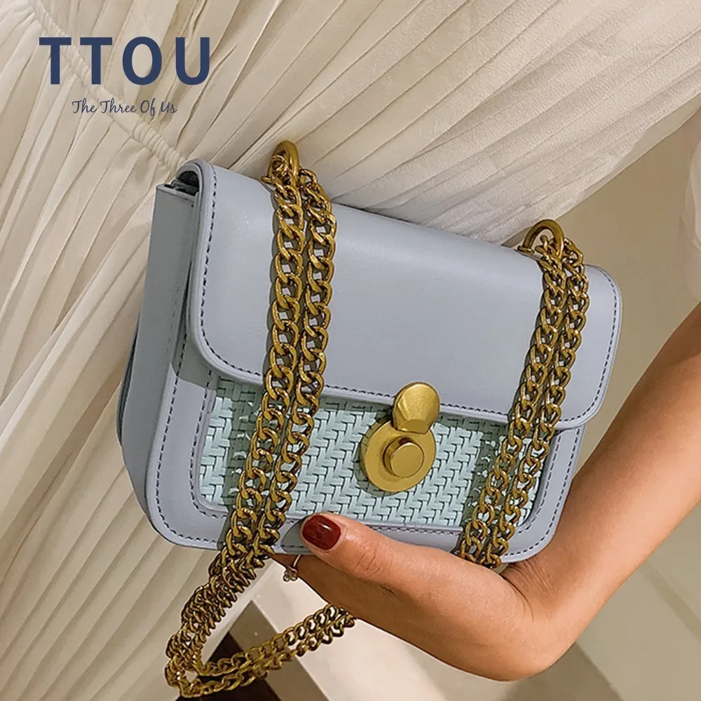 

TTOU Fashion Women Beach Bags Quality Leather Straw Patchwork Crossbody Shoulder Bag Small Ladies Chain Bag sac main femme