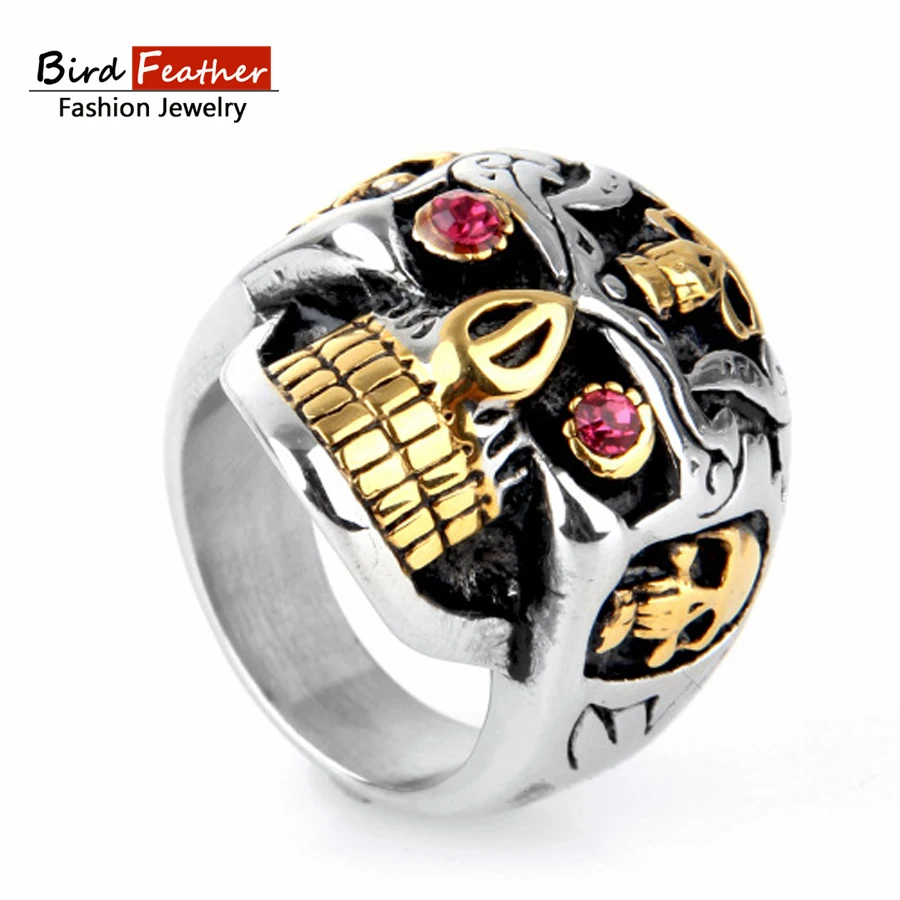 Bird Feather Stainless Steel Men Rings Red Stones Skull Titanium for Women Vintage Punk Fashion Jewelry Woman Wedding Ring | Украшения и