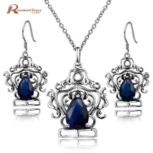 Принцесса Диана Винтаж 925 стерлингового серебра ювелирные наборы синий кристалл горного хрусталя Висячие серьги и кулон набор женщин подарок
