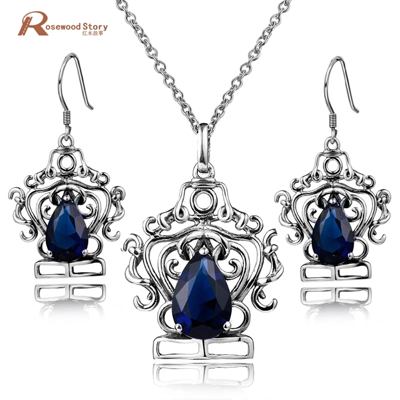 

Princess Diana Vintage 925 Sterling Silver Jewelry Sets Blue Rhinestone Crystal Drop Earrings and Pendant Set Women Gift