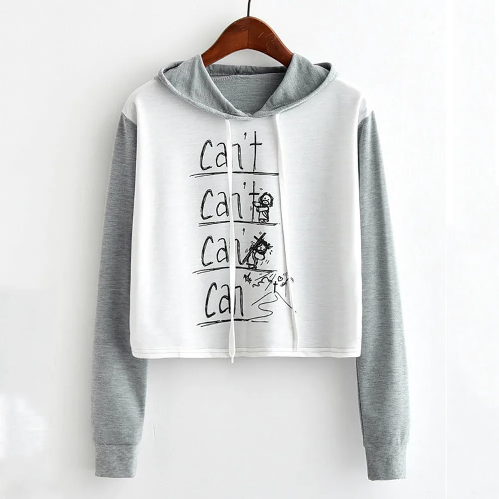 

2018 cute girls hooded hoodies fashion Women's Short Hooded Printed Letter Tether Top Long Sleeve sweatshirts moletom feminino
