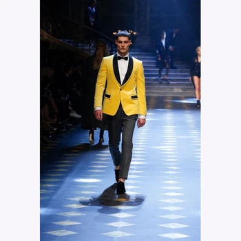 

Latest Coat Pant Designs Yellow Shawl Lapel Custom Groom men suit Tuxedo 2017 new Mens Suits Skinny 2 Pieces Terno Jacket+Pants