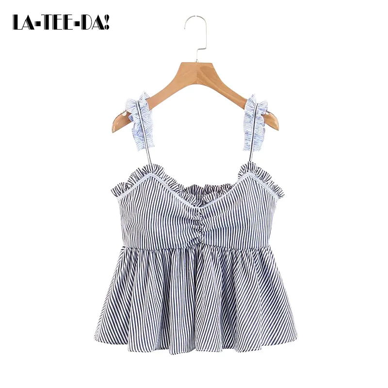 LTD119047 New Stringy Selvedge Striped Tops Women Strap Waistcoat V-Neck Sleeveless Tank Camisole Fashion Side Zip Vest Vestido | Женская