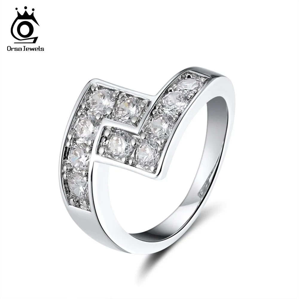 ORSA JEWELS Ring For Women Silver Color AAA Shiny CZ Handmade Prong Setting Tetris Pattern Finger Rings Female Jewelry OR175