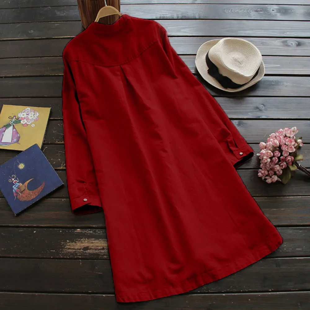 Весеннее женское платье в стиле ретро с длинным рукавом, свободные повседневные топы на пуговицах, блузка, платье-рубашка, модное винтажное свободное платье vestidos#3