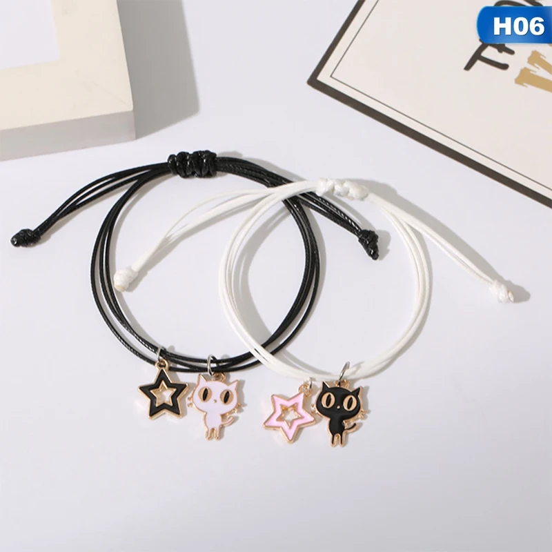 

2PC/lot New Arrival Couple Bracelet Stitching Heart Charm Bracelets Cute Cat Rope Bracelet Lovers Gifts Romantic Valentine's Day