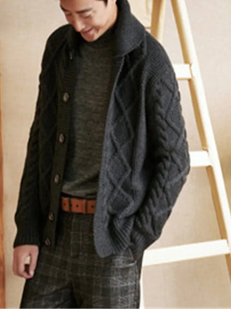  100%hand made pure wool thick knit men korean style solid turn-down collar single breasted cardigan