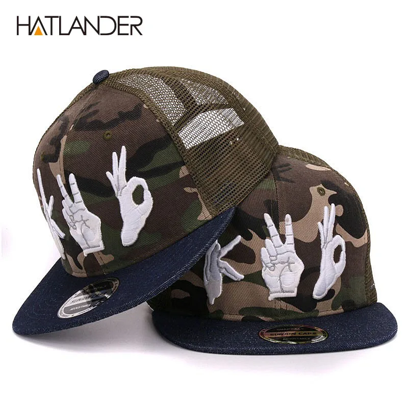 HATLANDER camouflage flat brim baseball caps summer sun hats mesh hip