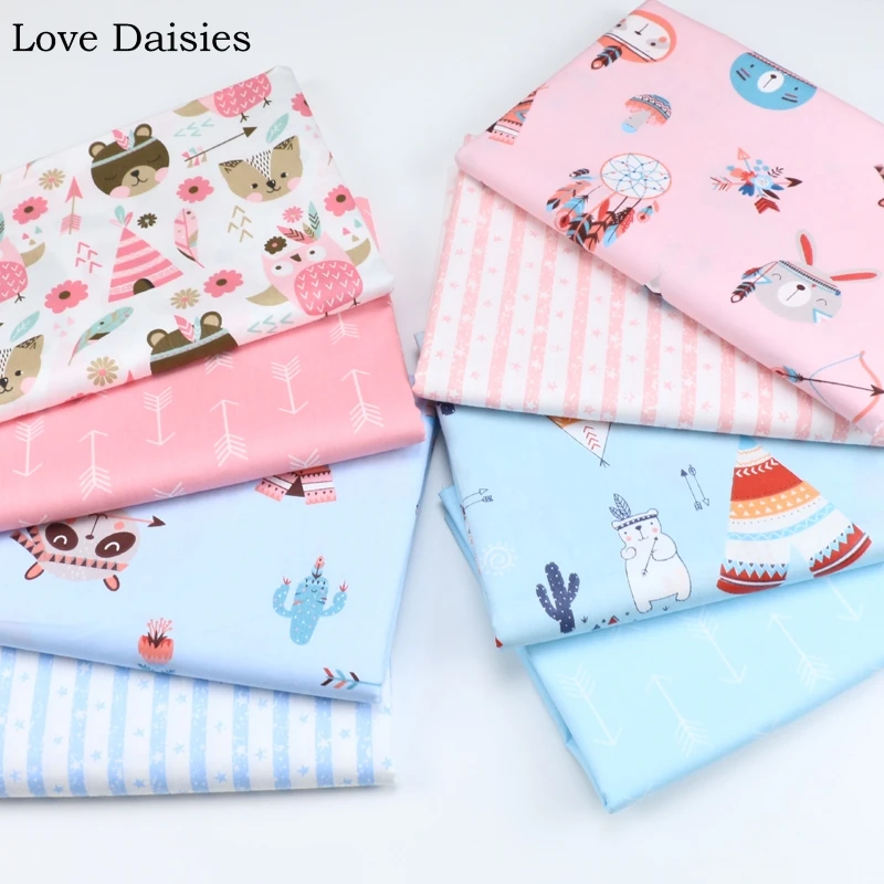 

100% Cotton Twill Fabric BLUE PINK GRAY Indian Chief Bear Owl Tent Arrow Stripe Cactus Stripe for Handwork Kids Bedding Sheet