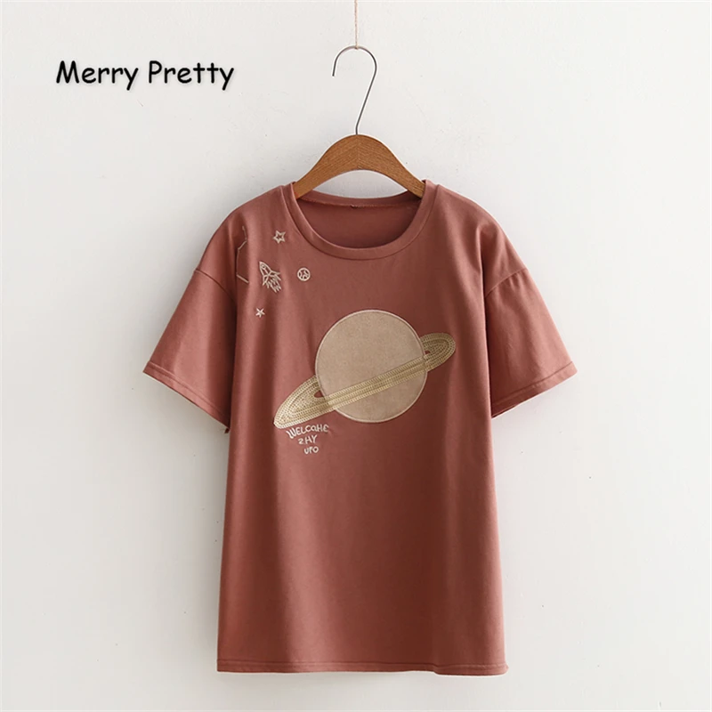 

Merry Pretty Women Planet Sequined Cotton T Shirts 2019 Summer Short Sleeve O-Neck Cartoon Embroidery T Shirt Casual Top Tees
