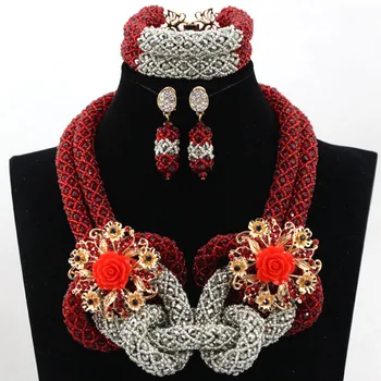 

Splendid Red/Sliver Women Costume African Wedding Jewelry Set Luxury Bridal Jewelry Set Beads Accessory Free Shipping HX741