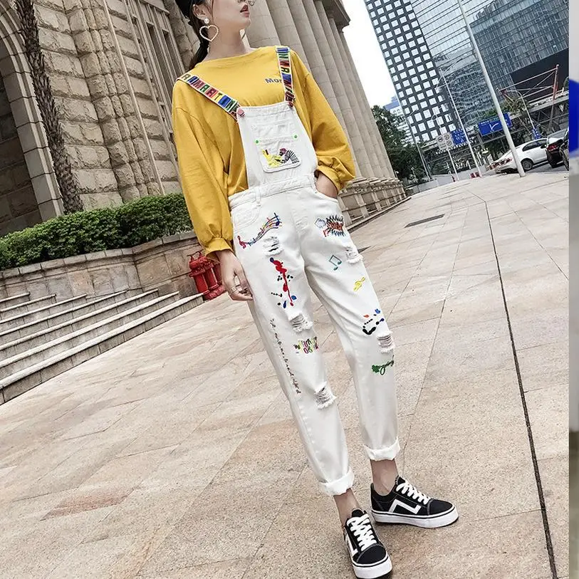 Bib jeans for woman White damage jeans woman 2019 New arrivals Sping