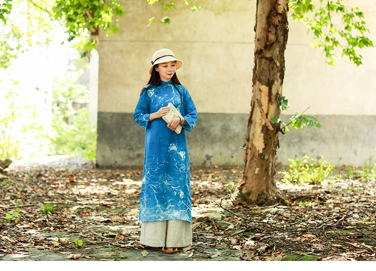 LZJN 3/4 рукавом голубое платье 2019 лето-осень Традиционный китайский длинное платье Цветочный принт современный чонсам, Восточный стиль халат