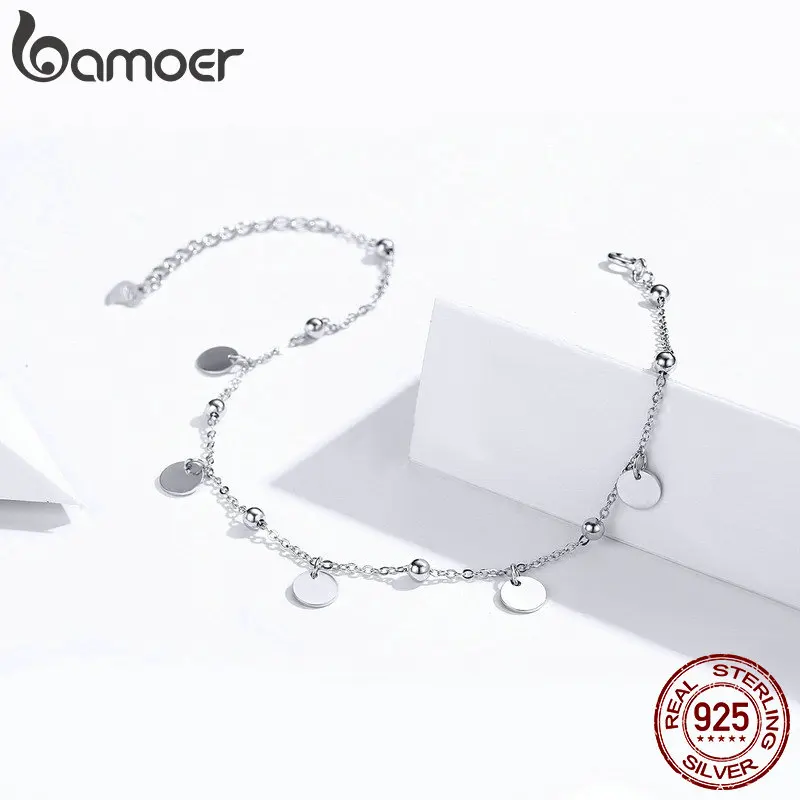 bamoer Silver Beads Anklets 925 Sterling Silver Geometric Minimalist Summer Fashion Foot Jewelry Bracelet for Ankle SCT011