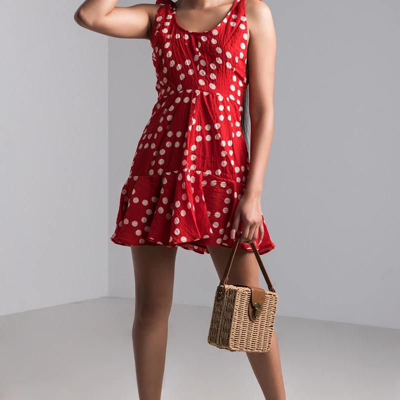 AKIRA Women's Tie Straps Crepe Knit Ruffle Hem Polka Dots Tank Mini Dress (4)