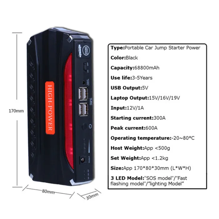 68800 мА/ч, 4USB мульти-Функция 12 V автомобиль скачок стартер внешний блок аккумуляторных батарей Power Bank Батарея Портативный автомобиля Перейти темы Booster Батарея