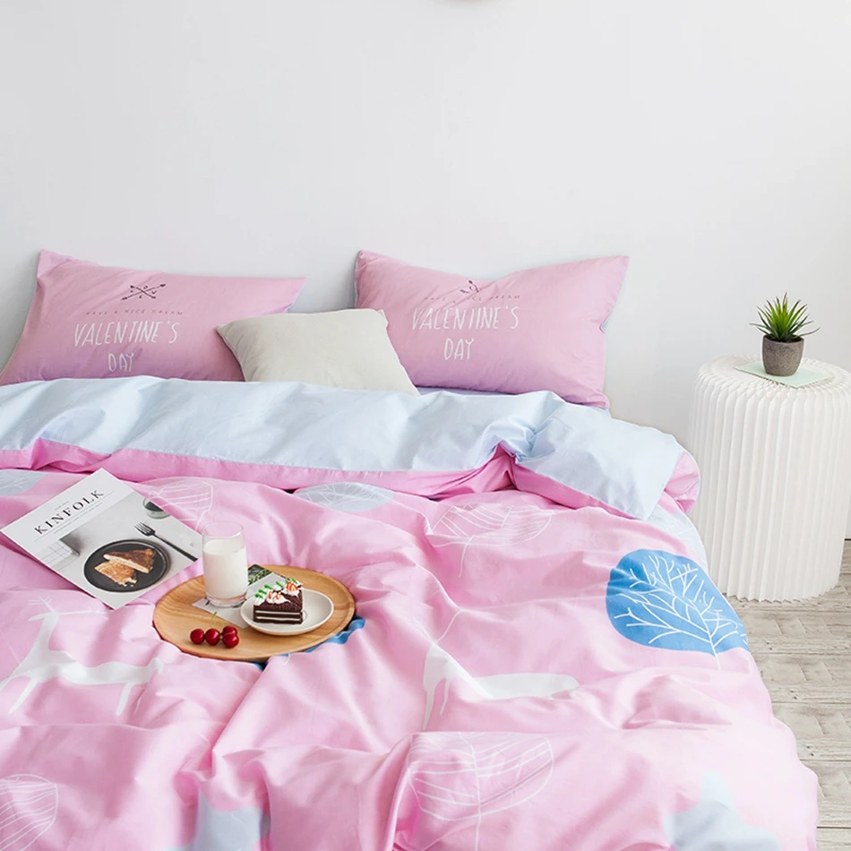 100 Cotton Pink Christmas Deer Duvet Cover Set Queen Size Bedding Sets For Adults Blue Solid