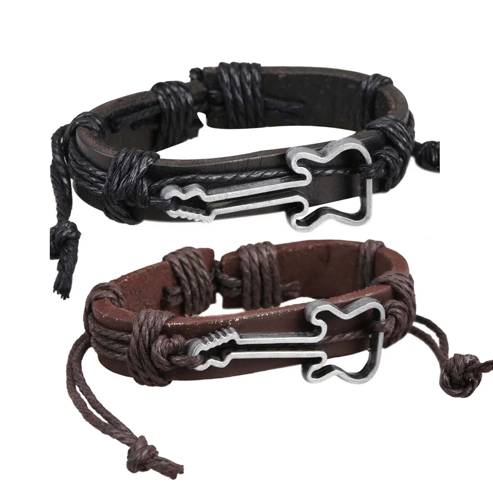 Fashionable Girl Boy Braid Leather Bracelet with Guita Pattern Punk