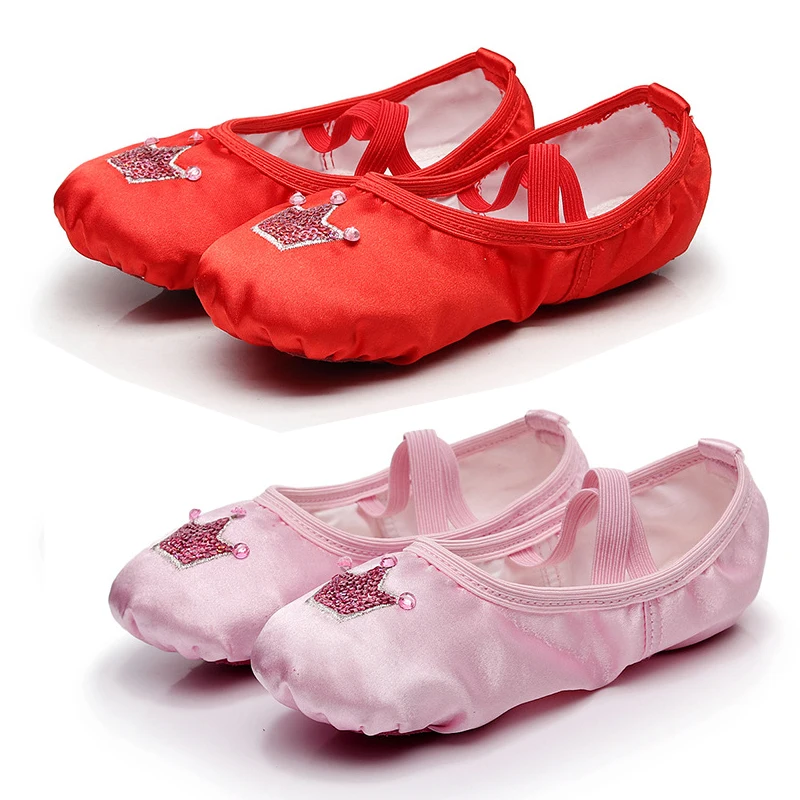 Детская шелковая балетная танцевальная обувь Корона принцесса обувь s носок Накладка для девочек розовые пайетки Professional принцесса обувь