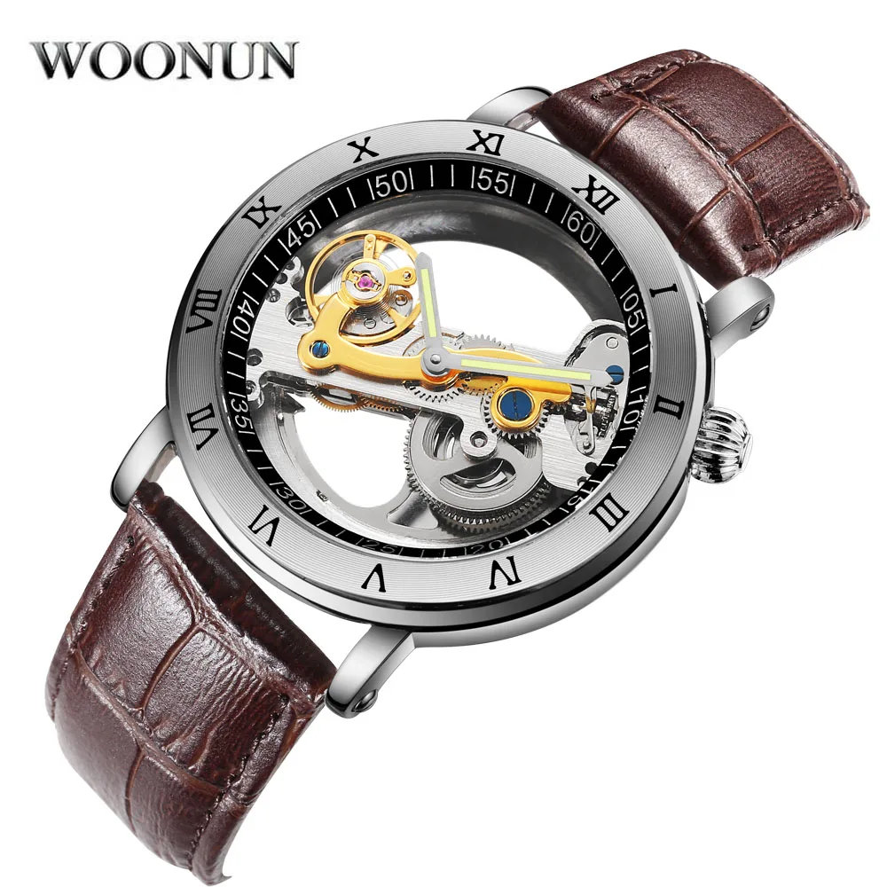 luxury mechanical watch cheap Luxury Brand WOONUN Leather Strap Transparent Dial Golden Case Mens Watches Automatic Mechanical Orologio Men mechanical watch movement