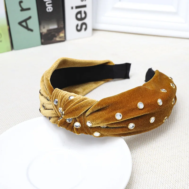 Bohemian New Solid Color Soft Velvet Hairband Wide Hair Band with Metal Headband Crystal Hair Accessories For Women Girl - Цвет: D