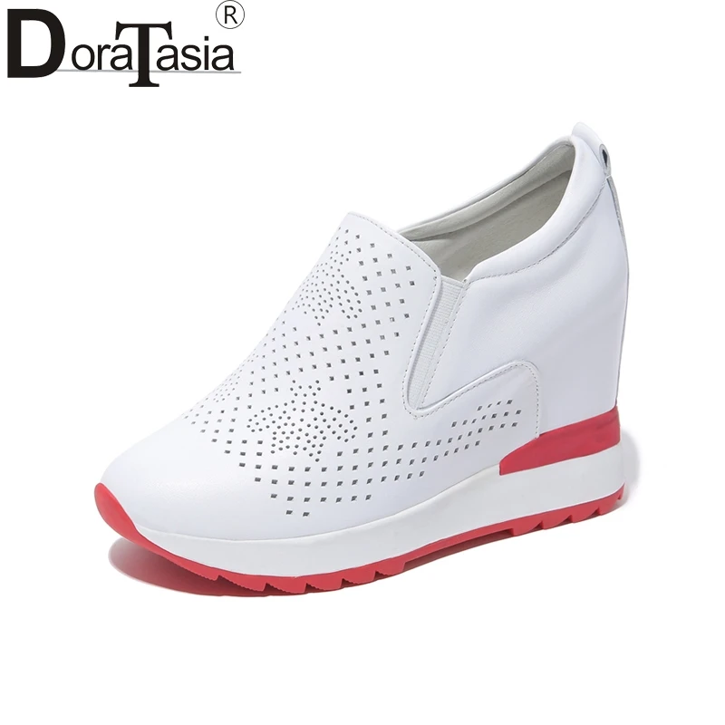 

DoraTasia New Fashion Solid Genuine Leather Wedges Elastic Band Increasing Shoes Woman Casual Spring Flats Big Size 32-40