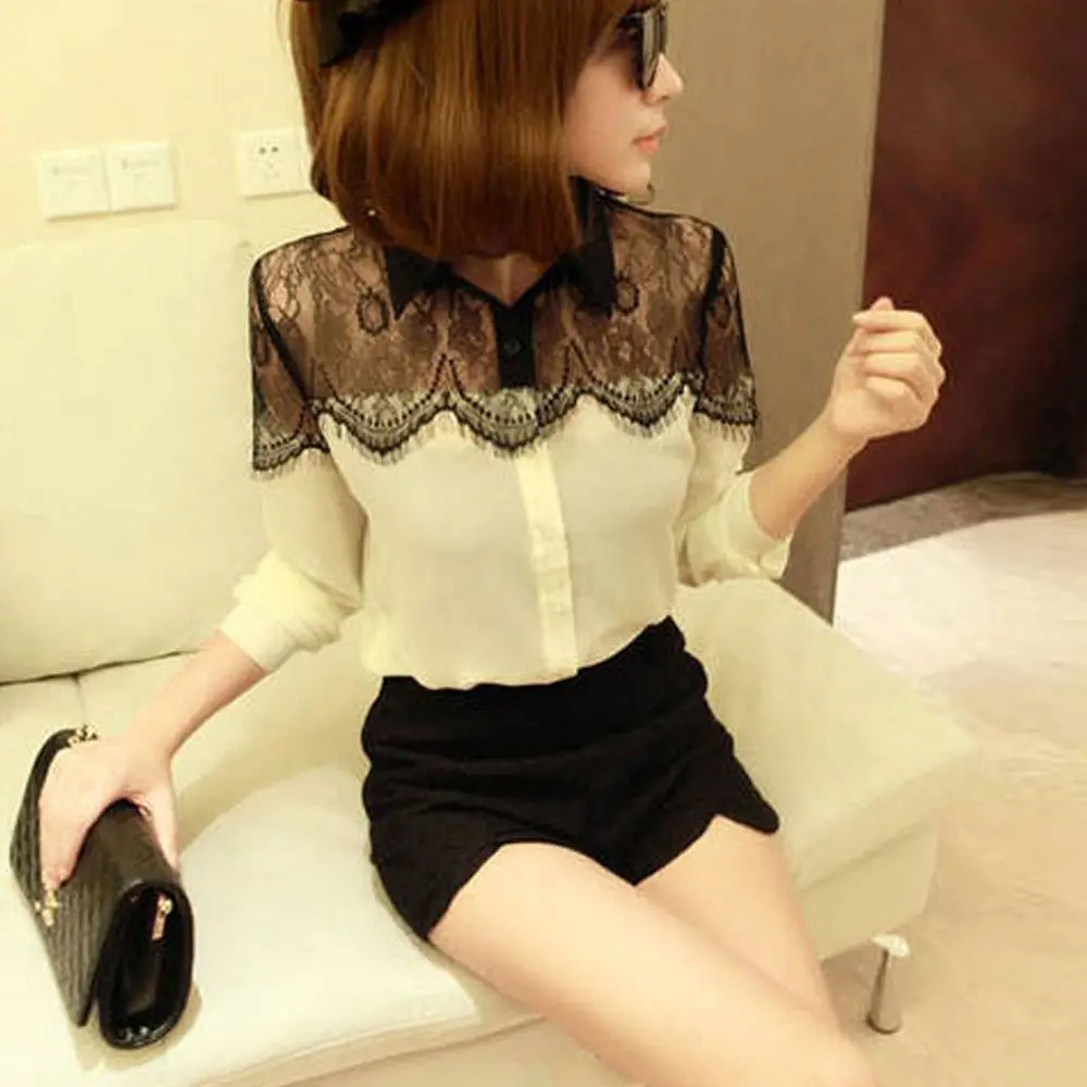 

2019 Women's Sexy Lace Chiffon Blouses Shirts Ladies Elegant Vintage Female Shirt Long Sleeve Hollow Out Black Lace Blouse
