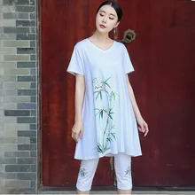 Женская летняя длинная хлопковая футболка плюс размер свободный крой китайский стиль, ручная работа окрашенные футболки с v-образным вырезом 2 цвета большие Топы XL-XXXXXL