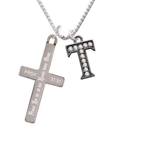 Crystal Black Initial - T - Beaded Border - - Praise Her - Cross Necklace (1)