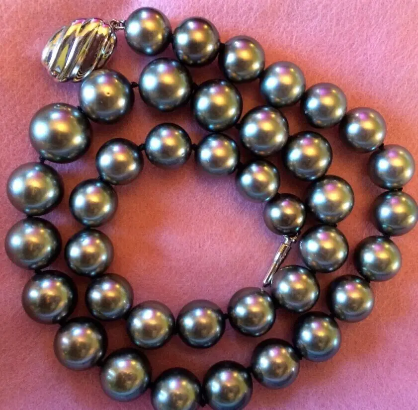 

stunning natural 11-12mm freshwater black green pearl necklace 18inch 925silver